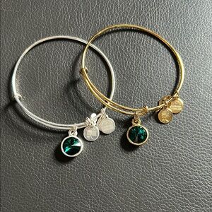 Alex and Ani Silver and Gold Charm Bracelets with Emerald Accents. Set of two.
